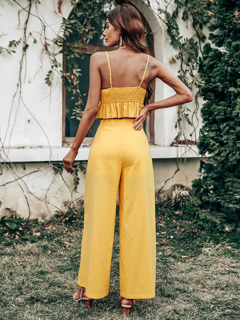 A. Bohemian Yellow Two-piece Women Casual Suit with V-neck Top & Pants Set