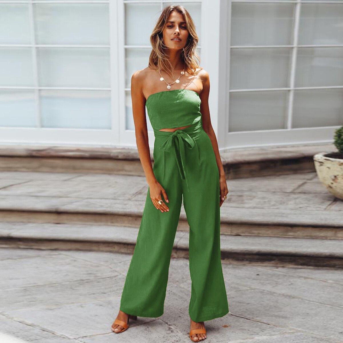 Bohemian Summer Strapless Jumpsuit with Wide Leg Trousers