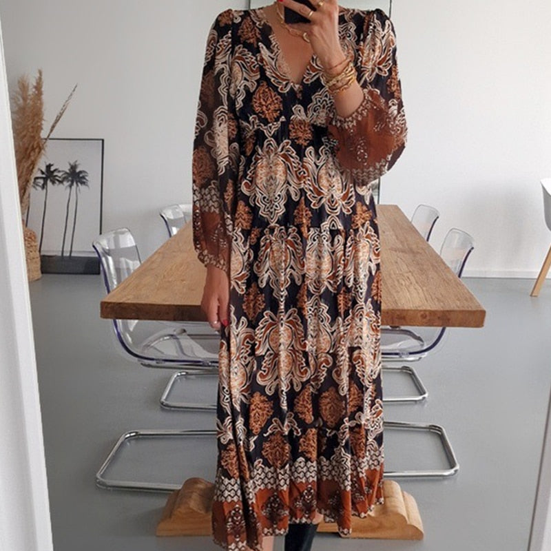 Bohemian/ Vintage Printed Dress Long Sleeve Pleated with Loose High Waist