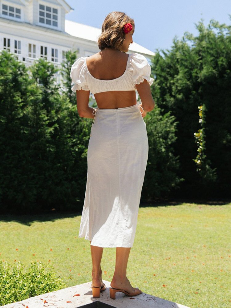 Boho Style Cotton Knotted, Tie-Up Women's Summer Midi Dress with Short Puff Sleeves and Smock Bow