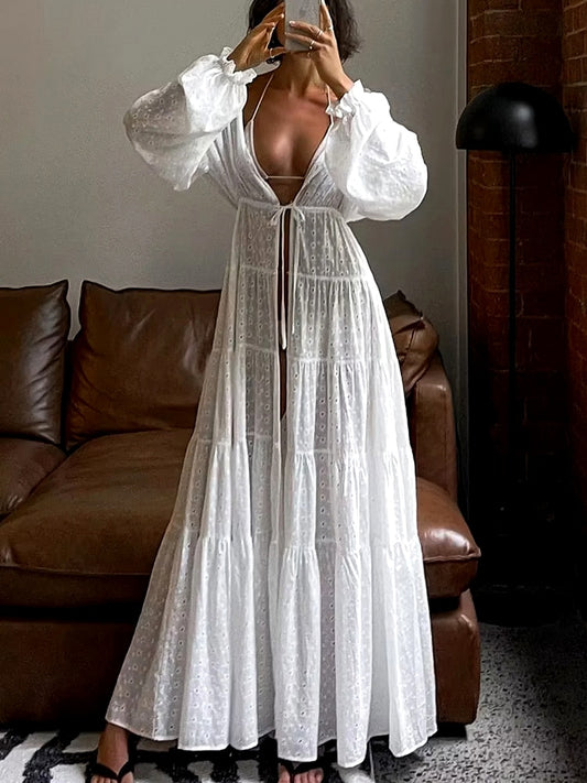 Gypsy/ Boho White Embroidered Cotton Maxi Dress with V-neck and Long Sleeves