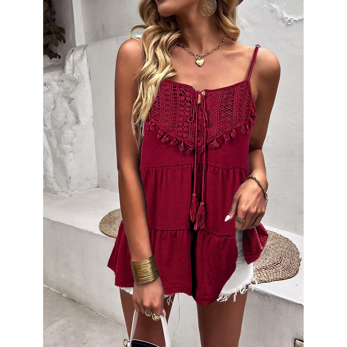 Boho Style Sleeveless Camis Blouse with Solid Tie-Up Tassels and Knitted Decorations
