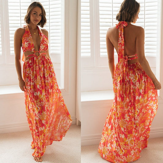Bohemian Sleeveless Summer Long Backless Dress with Hollow Out Halter and Flow Design