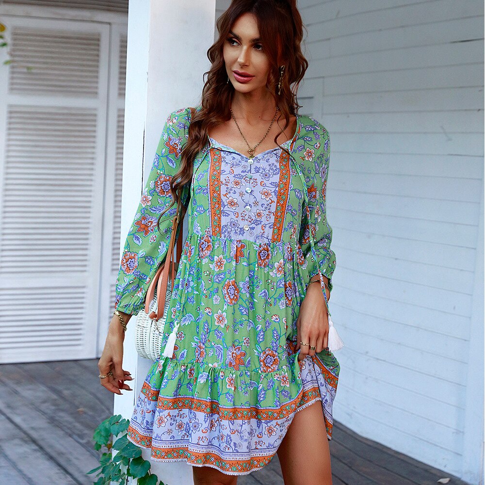 Boho Women's Printed Mini Dress with 3/4 Sleeve
