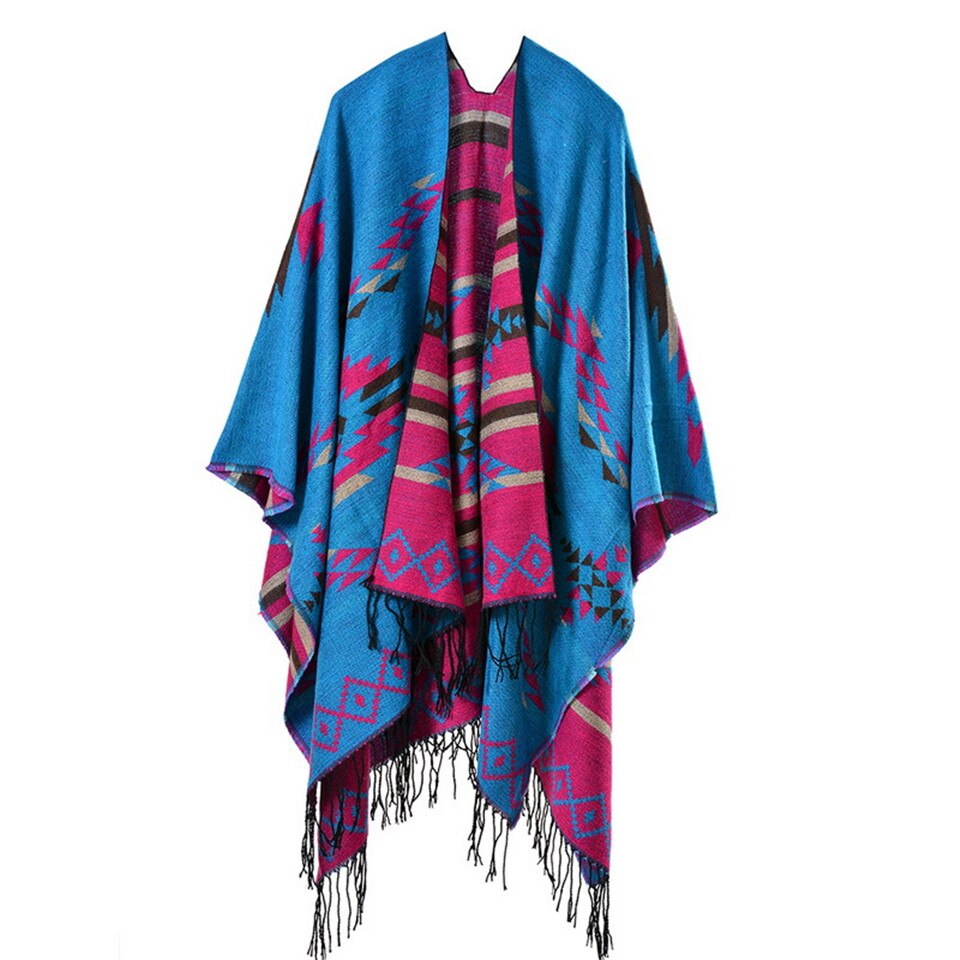 Winter Knitted Bohemian Printed Poncho with Tasselled Cape
