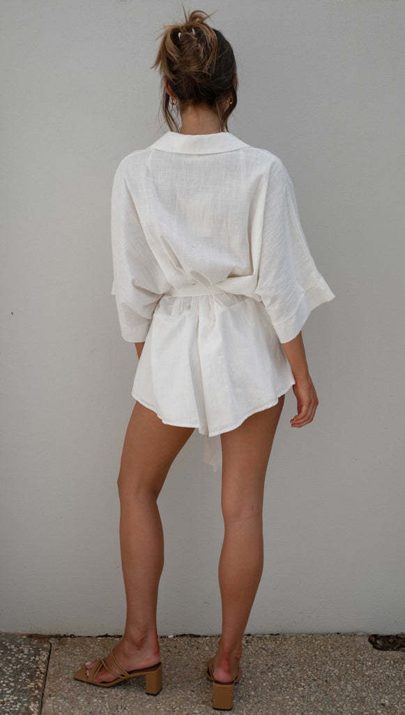 Summer White Playsuits Turn Down Collar High Waist Cotton Romper 3/4 Sleeve Wide Legs Shorts