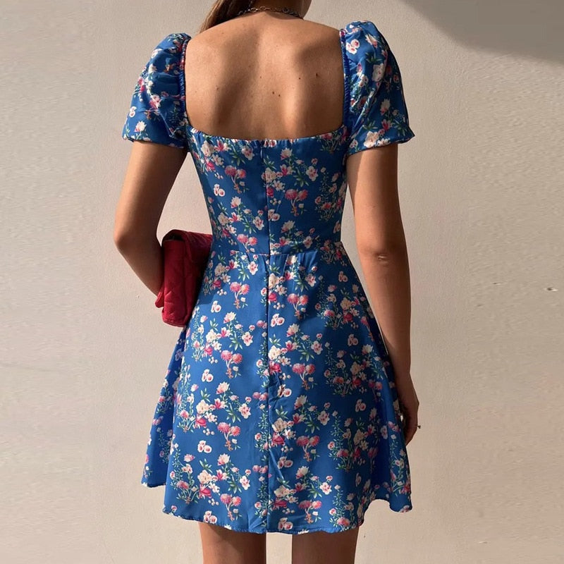 French Style Puff Sleeve Floral Off Shoulder Summer Mini Dress with Strapless Corset