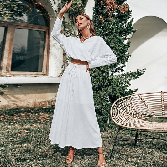 Vintage Casual A-line White Two-piece Women's Summer Long Sleeve Smock