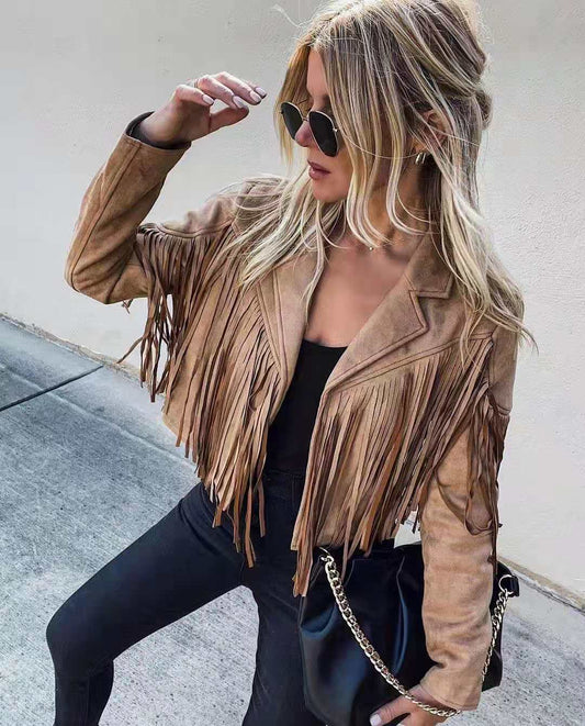 Women's 90s Vintage Streetwear Y2k Fringed Hem and Tassel Long Sleeve Fashion Motor Biker Style Jacket in Suede Leather