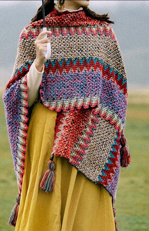 Winter Gypsy/ Boho Knitted Poncho Cloak with Tassels
