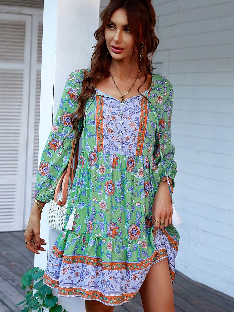 Boho Women's Printed Mini Dress with 3/4 Sleeve