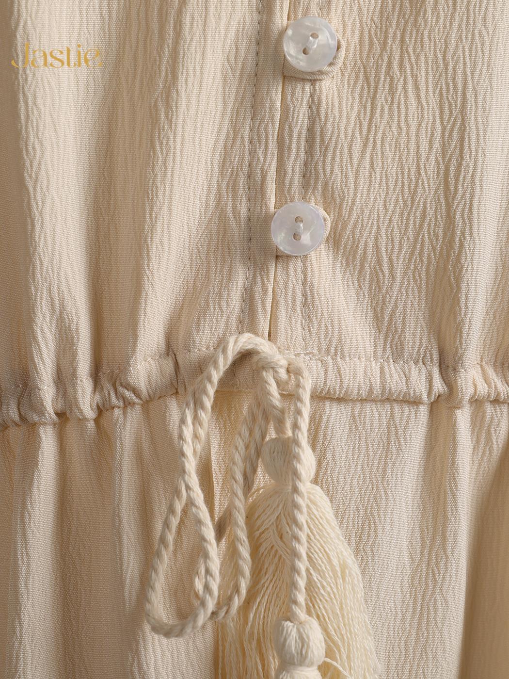 Bohemian Long Sleeve, High Waisted Maxi Dress with V-Neck and Tassels