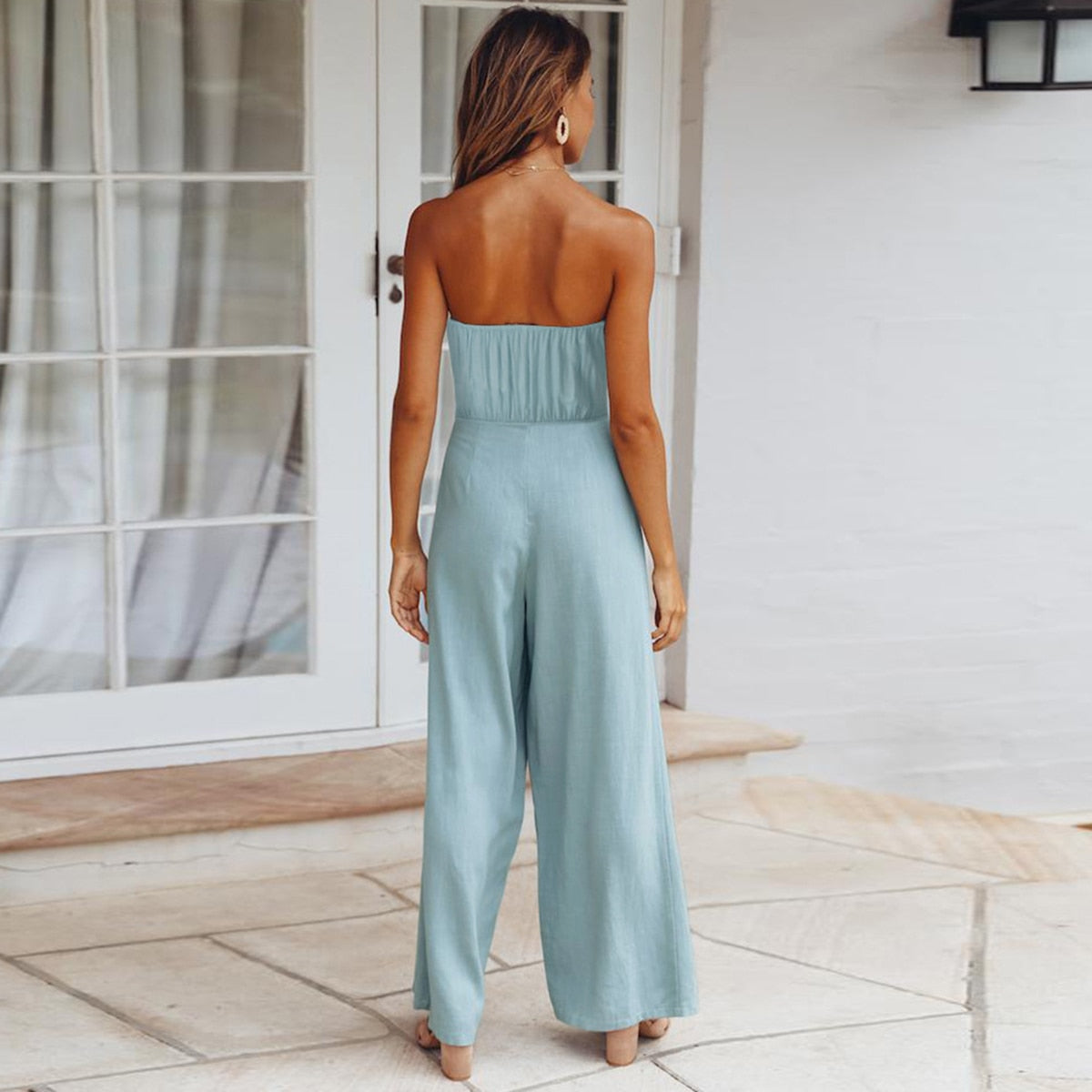 Bohemian Summer Strapless Jumpsuit with Wide Leg Trousers