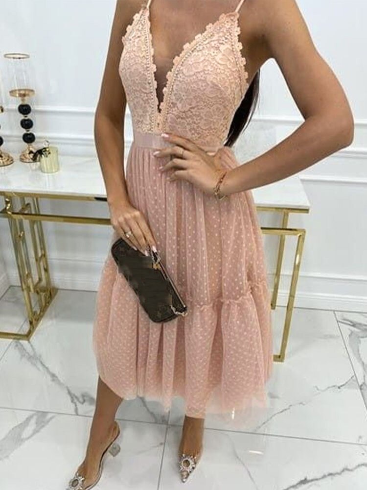 Embroidered Lace Mini Dress with V-Neck and Irregular Lace Skirt