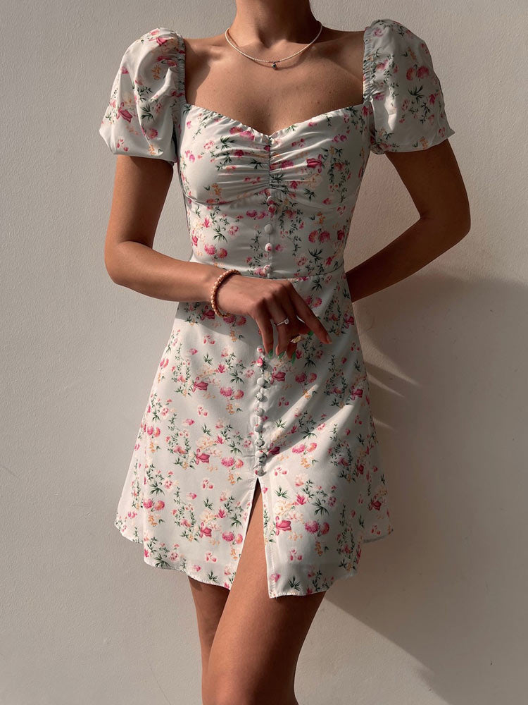 French Style Puff Sleeve Floral Off Shoulder Summer Mini Dress with Strapless Corset