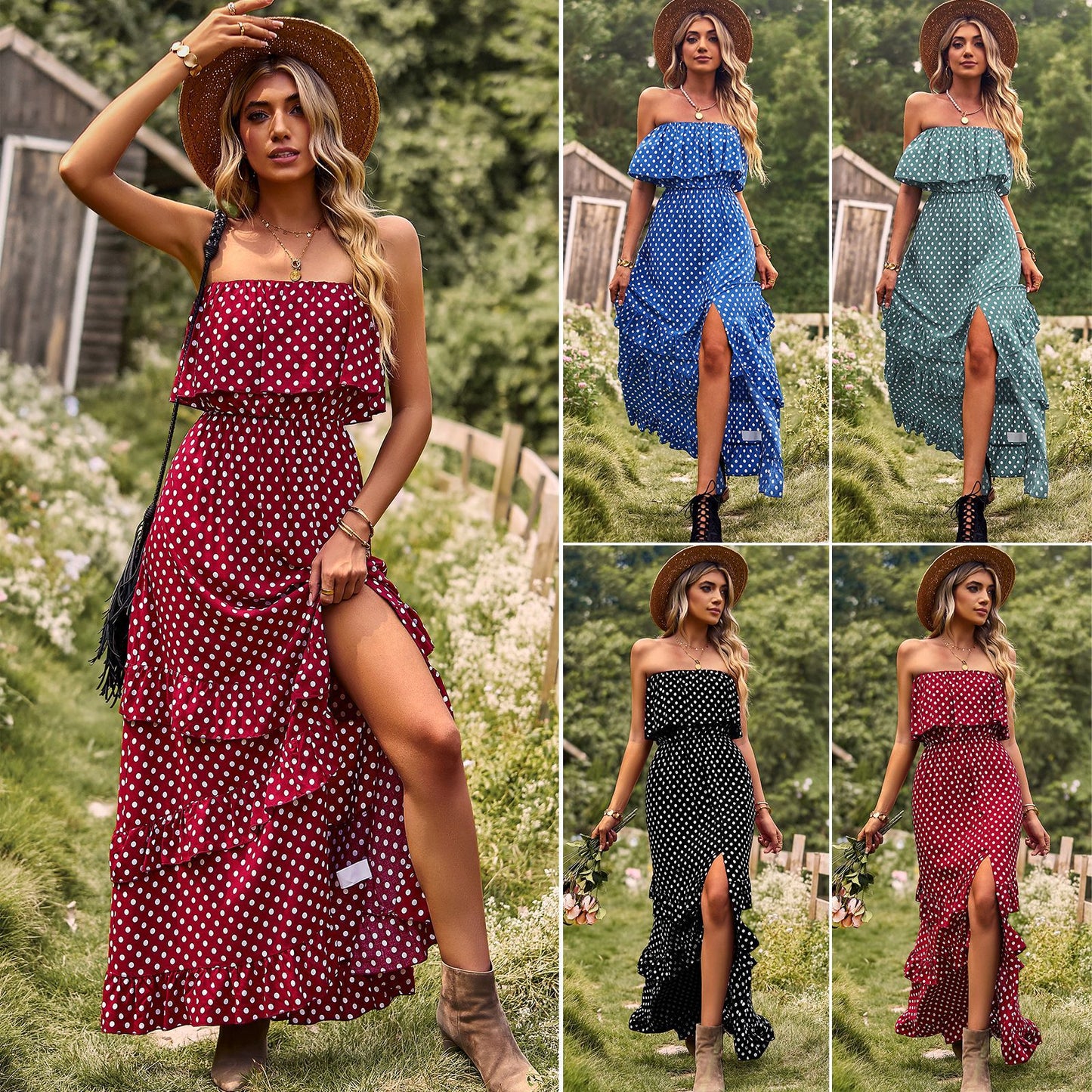 Boho Polka Dot Printed Women's Off the Shoulder Sleeveless Sundress with Split