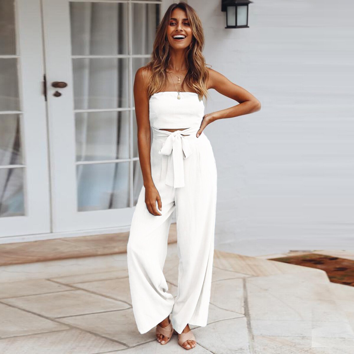 Bohemian Summer Strapless Jumpsuit with Wide Leg Trousers