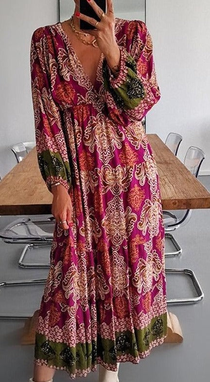 Bohemian/ Vintage Printed Dress Long Sleeve Pleated with Loose High Waist