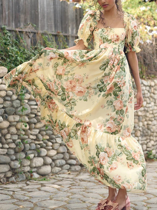 Bohemian Floral Printed Maxi Dress with Off The Shoulder Puff Sleeves and Tiered Ruffles