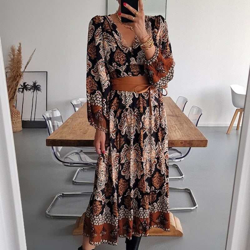 Bohemian/ Vintage Printed Dress Long Sleeve Pleated with Loose High Waist