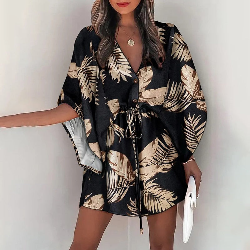 Boho Batwing Sleeve Printed Lace Up Mini Dress with Low V-Neck