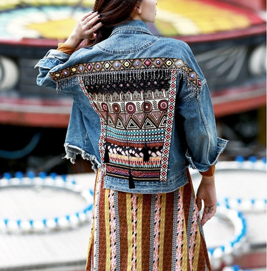 Winter Gypsy/Boho Floral Embroidered Denim Jacket with Embellishments and Tassels