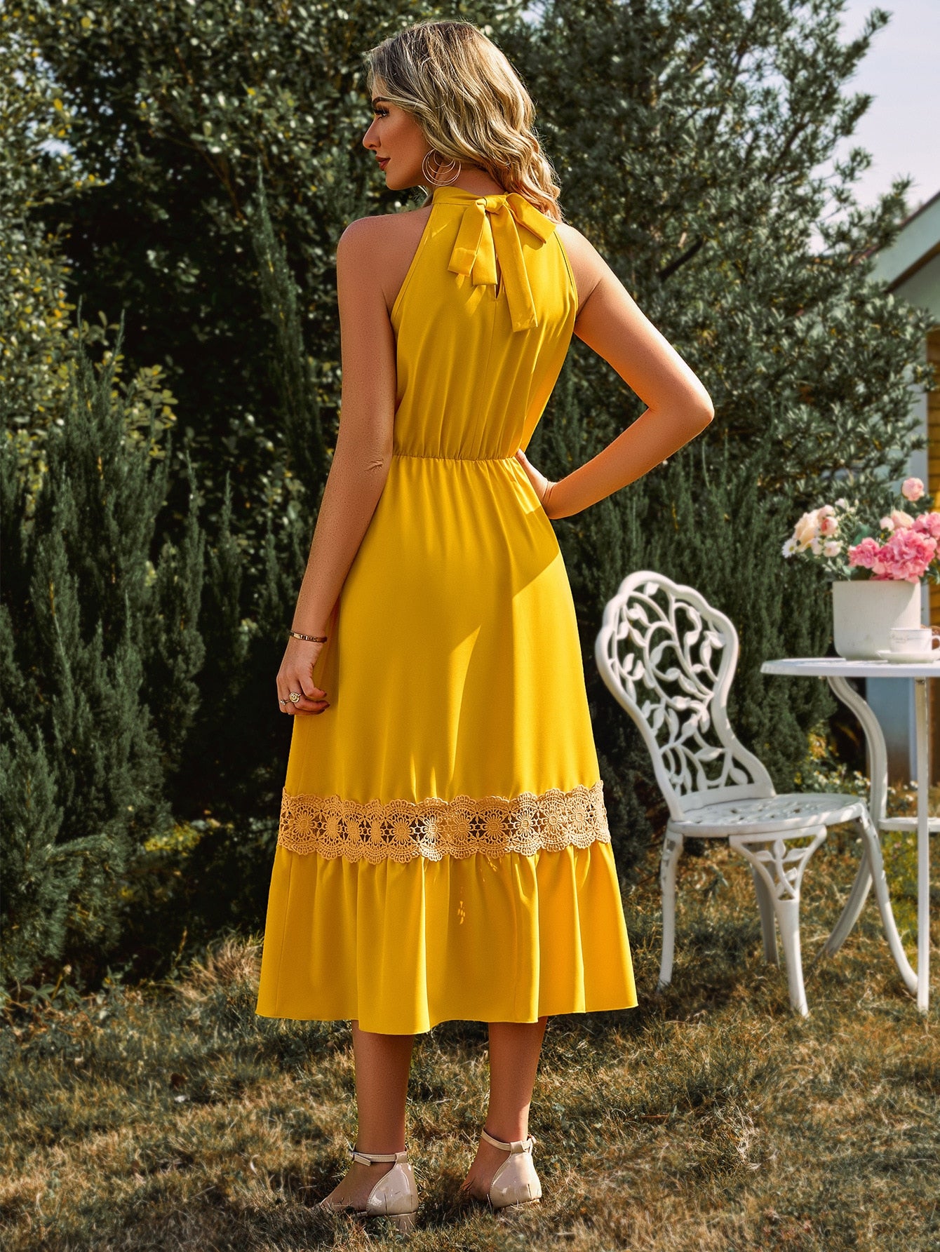 New Summer Lace Spliced Long Dress Women Halter Bow Tie High Waist A-line Casual Sleeveless Beach Dress Vestidos