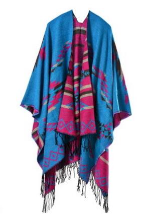 Winter Knitted Bohemian Printed Poncho with Tasselled Cape