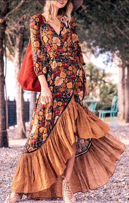 Gypsy/ Boho Floral Vintage Maxi Dress with Long Sleeves and Ruffles