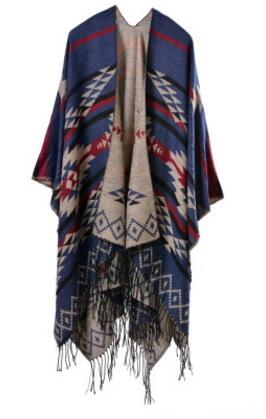 Winter Knitted Bohemian Printed Poncho with Tasselled Cape