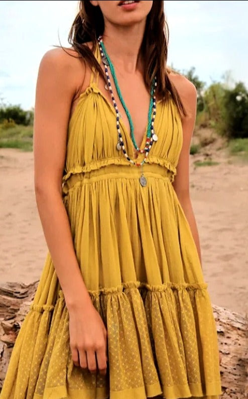 Gypsy/ Boho Mini Dress with Deep V-Neck