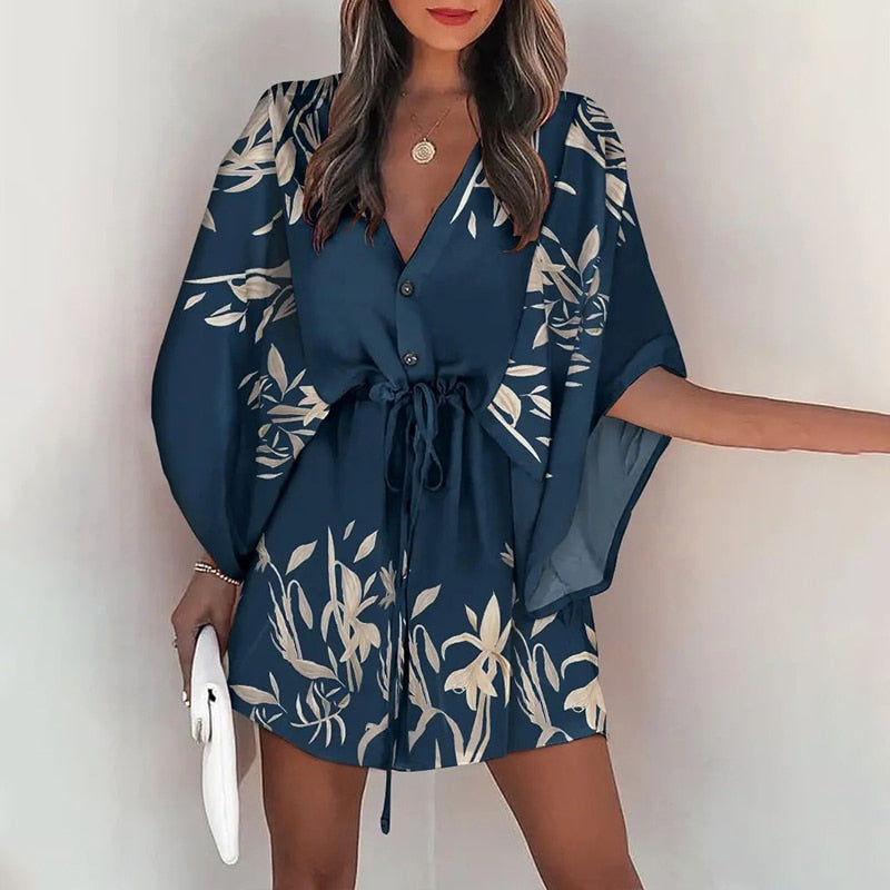 Boho Batwing Sleeve Printed Lace Up Mini Dress with Low V-Neck