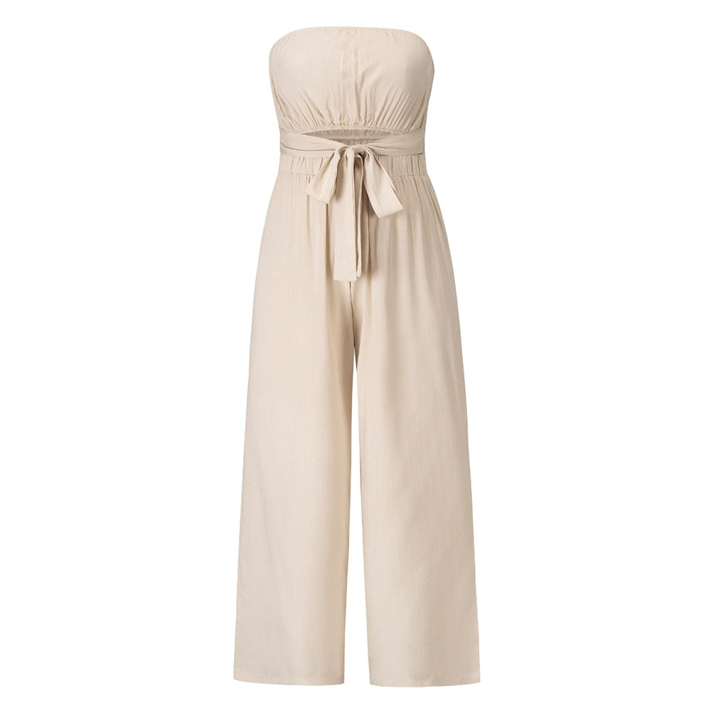 Bohemian Summer Strapless Jumpsuit with Wide Leg Trousers