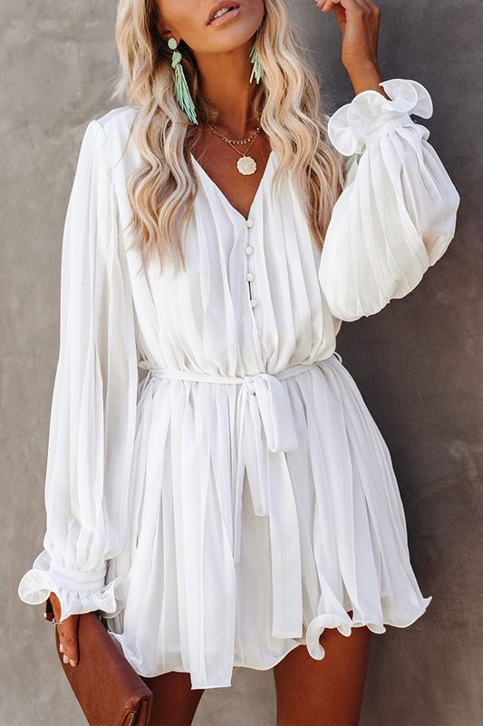 Gypsy Ruffled V-Neck Romper Playsuit with Tie Waist and Front Buttons