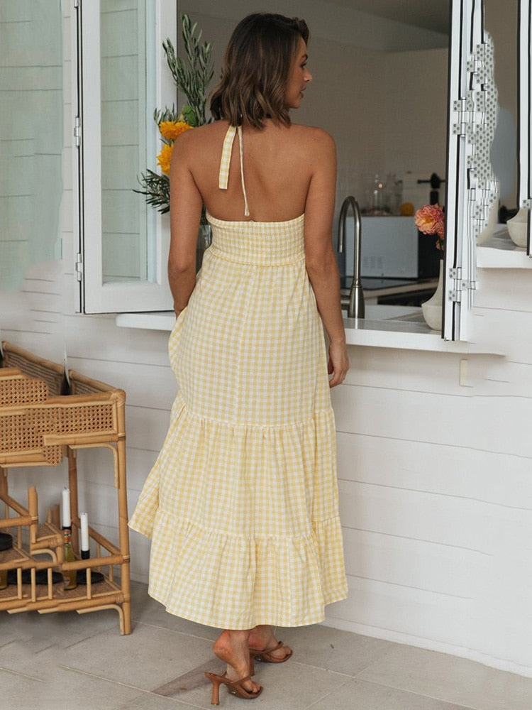 Boho/ Vintage Style Halter Plaid Party Dress with High Waist and Backless Beach Style