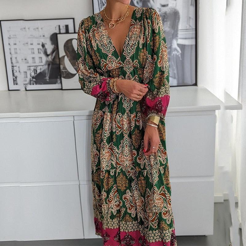Bohemian/ Vintage Printed Dress Long Sleeve Pleated with Loose High Waist