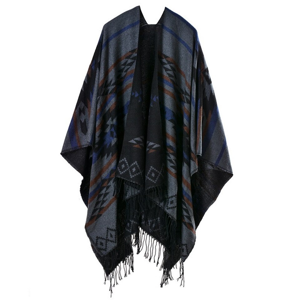 Winter Knitted Bohemian Printed Poncho with Tasselled Cape