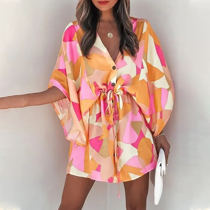 Boho Batwing Sleeve Printed Lace Up Mini Dress with Low V-Neck