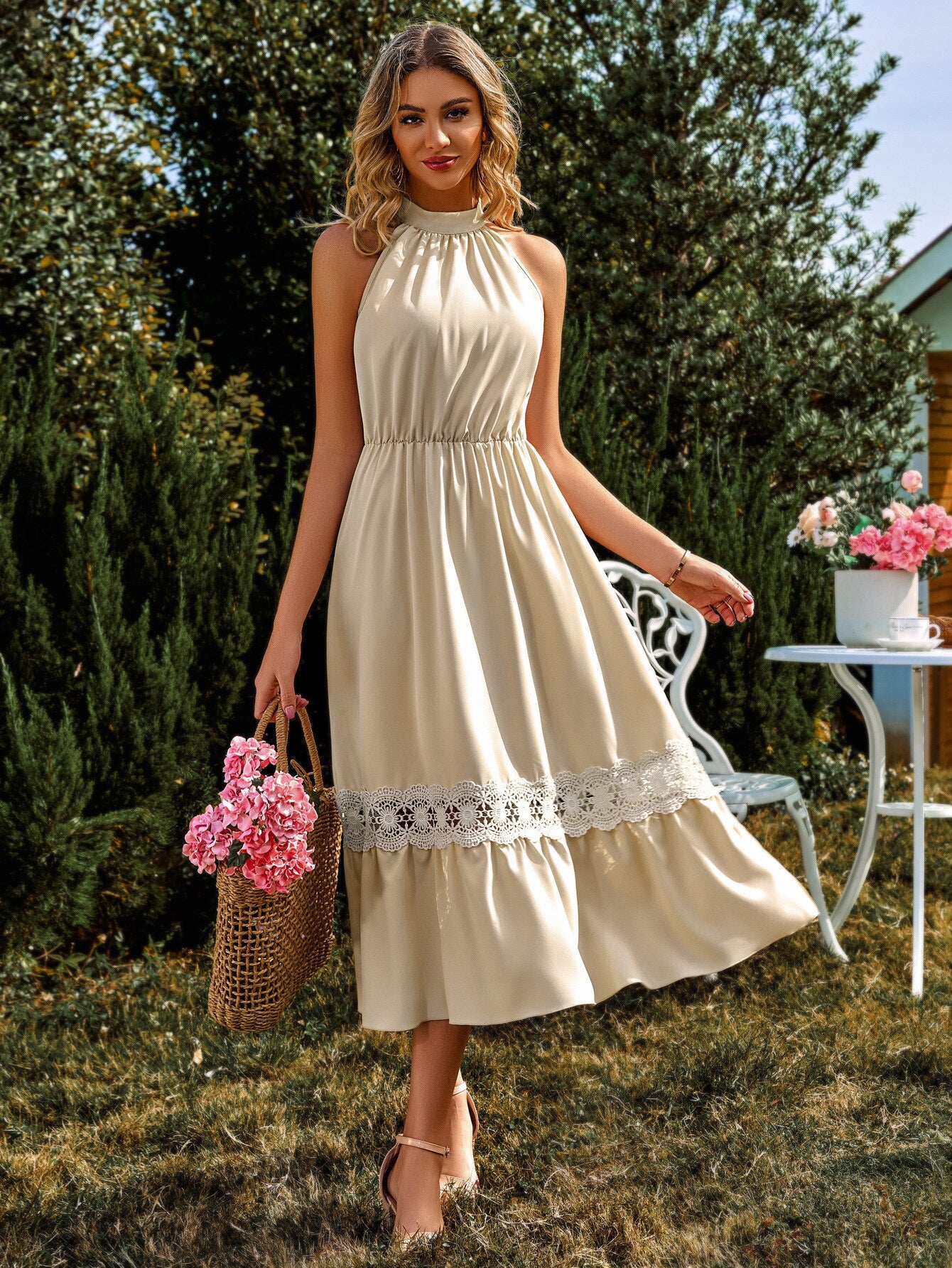 New Summer Lace Spliced Long Dress Women Halter Bow Tie High Waist A-line Casual Sleeveless Beach Dress Vestidos