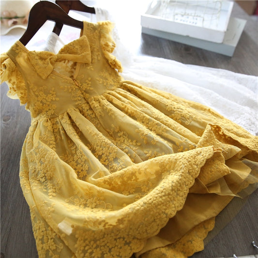 Vintage Style  Princess Dress for Girls with Flower Lace and Bow Decoration (3-8 Yrs Children)