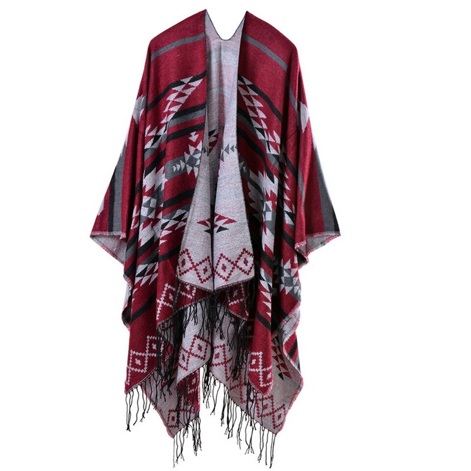 Winter Knitted Bohemian Printed Poncho with Tasselled Cape