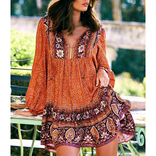 Gypsy/ Boho Floral Mini Dress with Long Sleeves. Tie Up V-neck with Ruffles