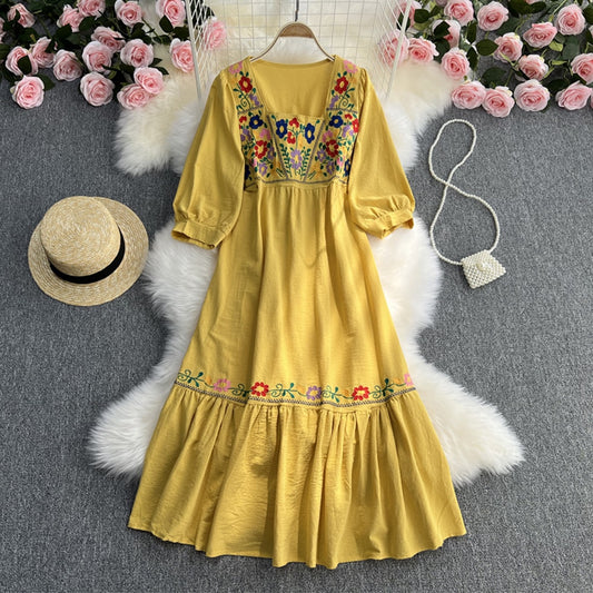 Vintage/ Boho Floral Embroidered Long Sleeve Sun Dress