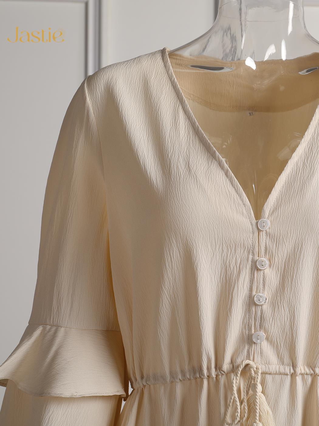 Bohemian Long Sleeve, High Waisted Maxi Dress with V-Neck and Tassels