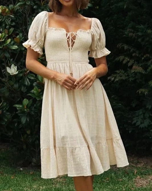 Gypsy/ Vintage Hemp Midi Dress with Bow-Tie-Up Backless and Elastic Vintage Lace-Up Front with Puff Sleeves