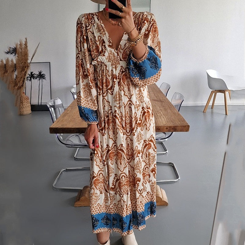 Bohemian/ Vintage Printed Dress Long Sleeve Pleated with Loose High Waist