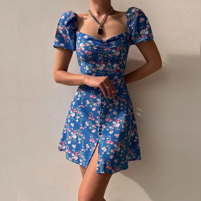 French Style Puff Sleeve Floral Off Shoulder Summer Mini Dress with Strapless Corset