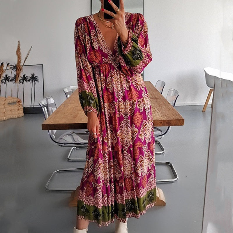 Bohemian/ Vintage Printed Dress Long Sleeve Pleated with Loose High Waist