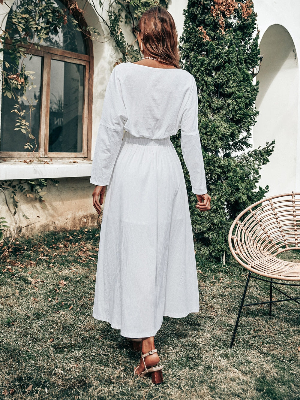 Vintage Casual A-line White Two-piece Women's Summer Long Sleeve Smock