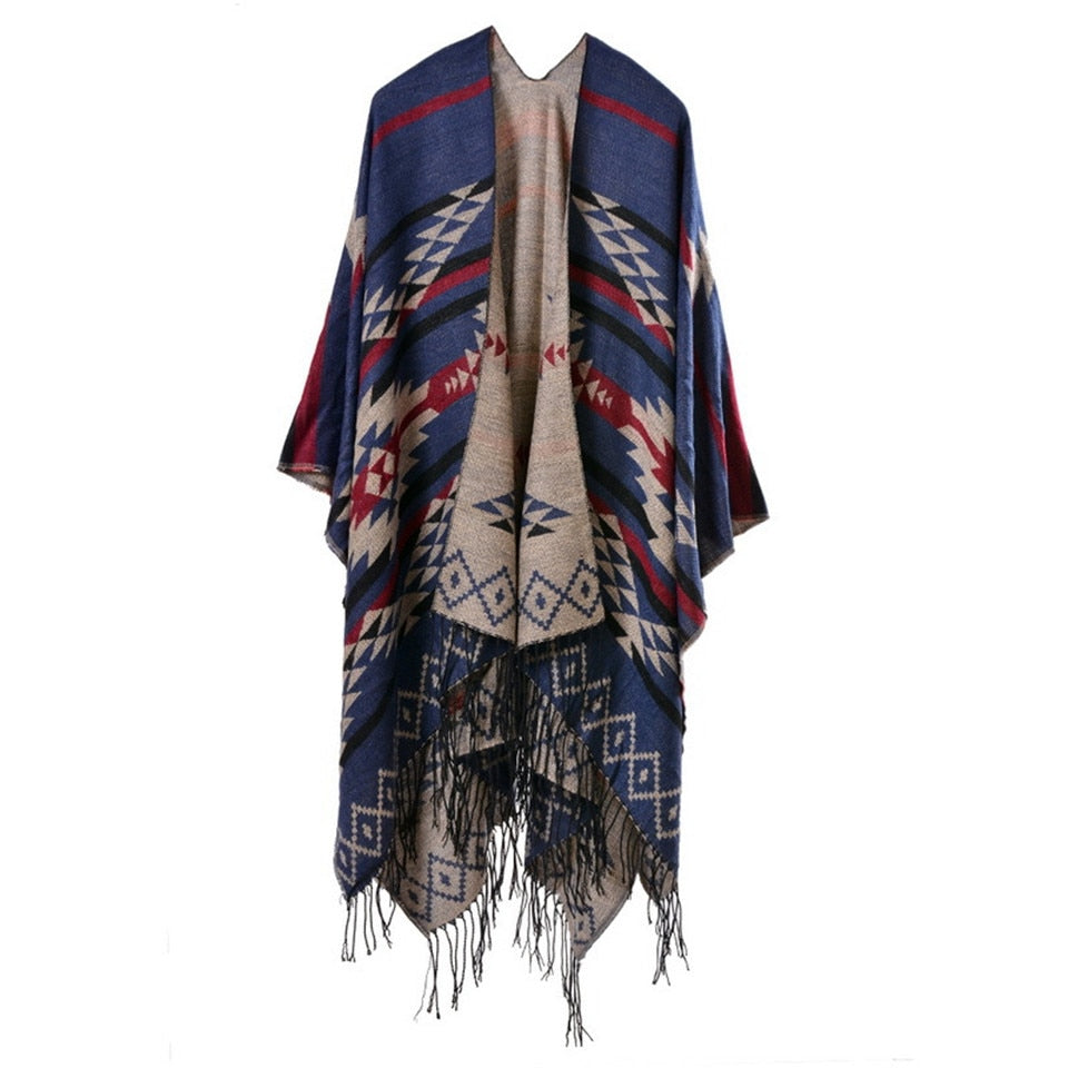 Winter Knitted Bohemian Printed Poncho with Tasselled Cape